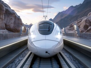 Highspeed bullet train entering a tunnel, The sleek, modern design contrasting with the natural mountainous landscape.