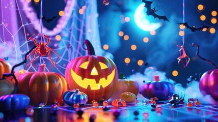 Playful Halloween setup with neon-colored pumpkins and glowing candies on a festive table, friendly cartoon spiders hanging from glistening webs