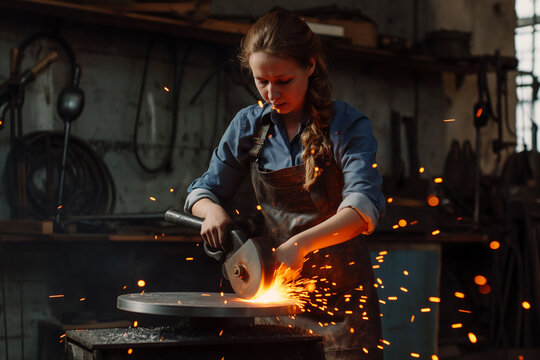A woman blacksmith working with a metal iron grinder with sparks in the workshop