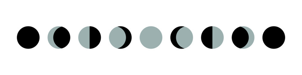 Moon phases. Crescent shape. New lunar cycle. Total eclipse black. Progress changes for calendar design, astrology and space.