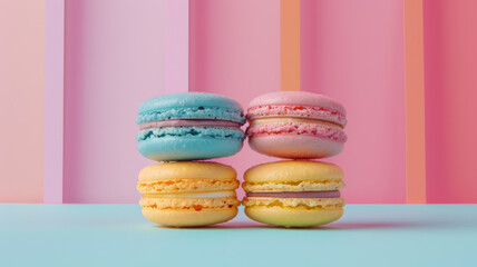 Vibrant Macarons Stacked on Pastel Striped Background