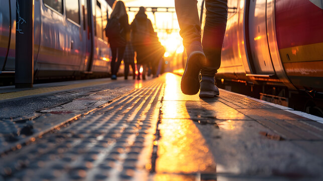 The image captures the hurried steps of commuters at a train station during sunset, highlighting their silhouettes against a backdrop of warm, glowing sunlight and departing trains