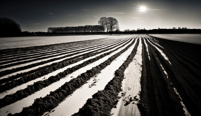 Obraz premium Fresh plowed field land close-up in the rays of the sun. AI generated.