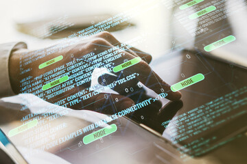 Abstract creative coding illustration with finger clicks on a digital tablet on background,...