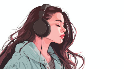 Young woman with headphones listening to music on white