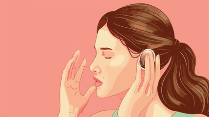 Young woman with hearing problem on color background
