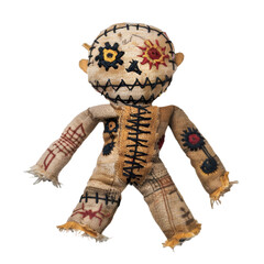 Traditional voodoo doll made of fabric stuff isolated against a white background 