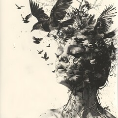 Whispers of Dreams Black and White Face with Birds in Flight
