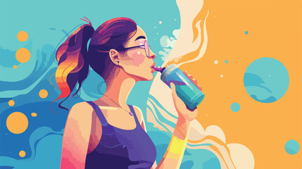Young woman with inhaler on color background style