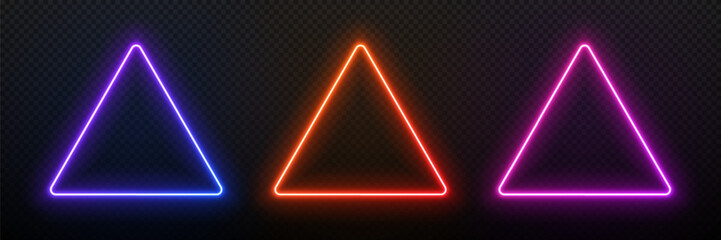 Triangle neon light. Glow geometric frame. Led template for design with text. Gradient laser circuit.