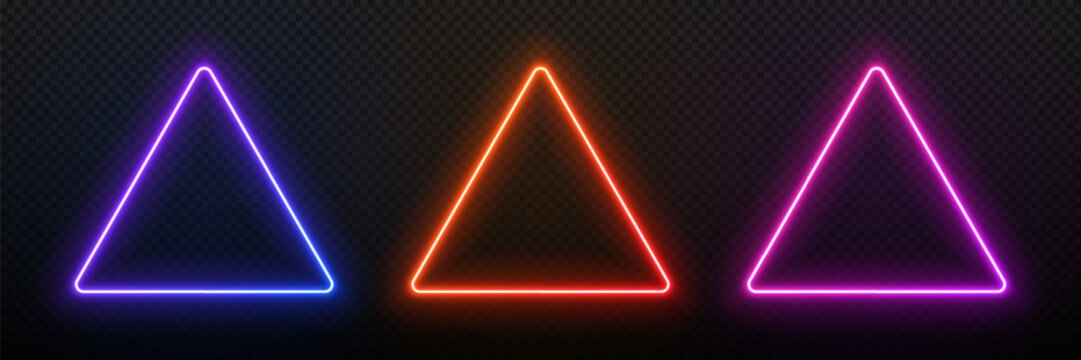 Triangle neon light. Glow geometric frame. Led template for design with text. Gradient laser circuit.