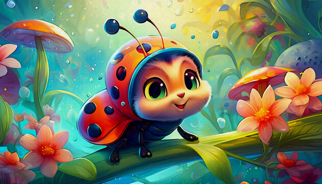oil painting style cartoon character a cute ladybug