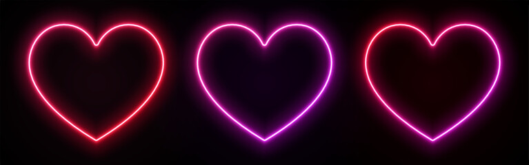 Neon light heart. Love sign with glow. Pink, red and purple leds. Laser frame for Valentine day. Electrical elements for design with text.