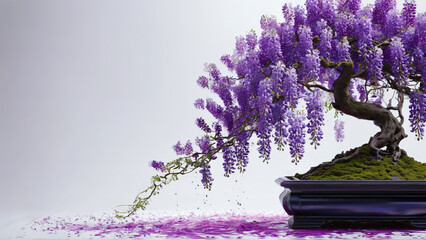 Enchanting wisteria bonsai with cascading purple flower clusters crisp white ethereal atmosphere Abstract background - Powered by Adobe