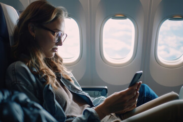 A reflective woman gazing at her phone while flying, window light illuminating her face.