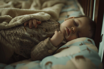 A baby in deep slumber, cocooned in a warm, cozy blanket hinting at peaceful dreams.