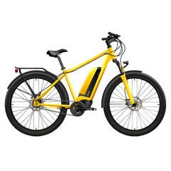 Yellow electric bicycle with a battery-operated motor that is a mountain bike. white background with an isolated modern transport concept of mountain bikes and ecology 