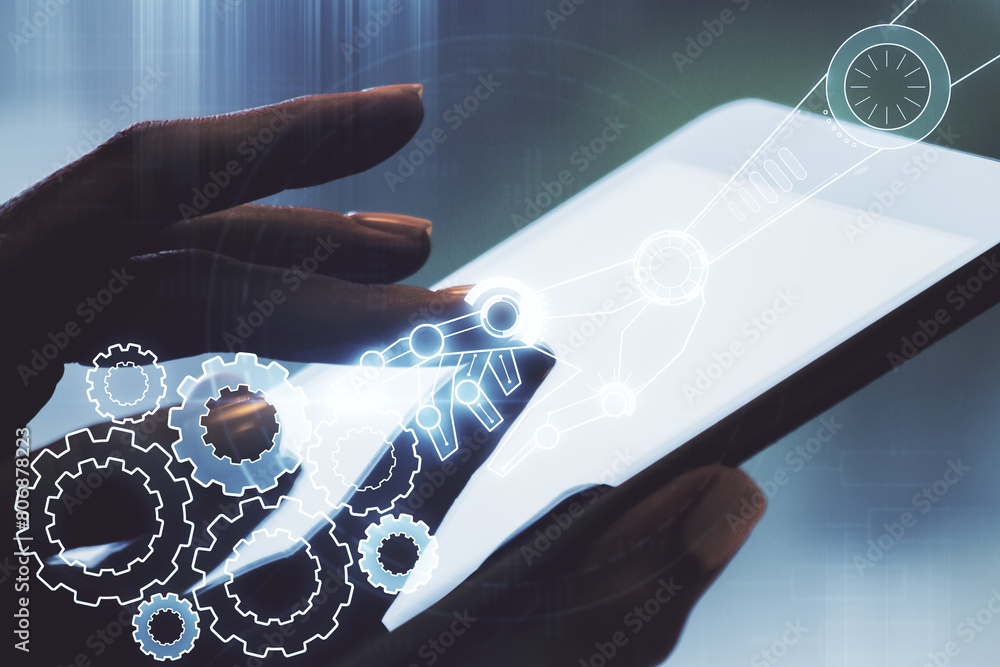 Aufkleber double exposure of robotics technology hologram and finger clicks on a digital tablet on background.