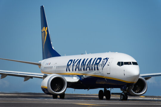Tenerife, Spain may 2st, 2024. Ryanair Airlines Boeing 737 MAX 8-200. Image of a Jet2 Airlines plane taxiing at Tenerife