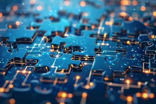 digital representation of api integration interlocking puzzle pieces abstract tech background