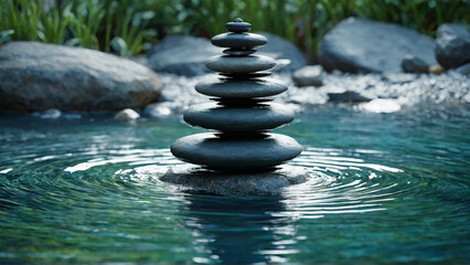 Hypnotic water ripples radiating around zen stone tower meditative balance spa tranquility Japanese rock garden