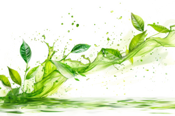 Serene green tea splash, delicate aroma in crisp white space
