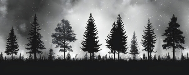 Realistic Trees in Black & White Silhouette