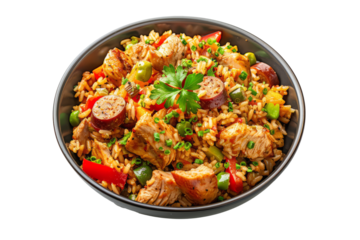 Spicy Jambalaya: A colorful Louisiana-style rice dish with chicken, sausage, and vegetables in a top-down view.