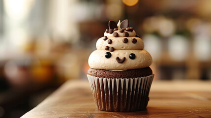 A delightful cupcake with a cute face made of frosting, tempting you with its sweetness. - Powered by Adobe