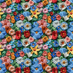 Floral embroidery from knitting wool, yarn, seamless pattern.