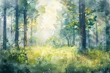 A painting of a forest with a bright sun shining through the trees, Children’s Concept.