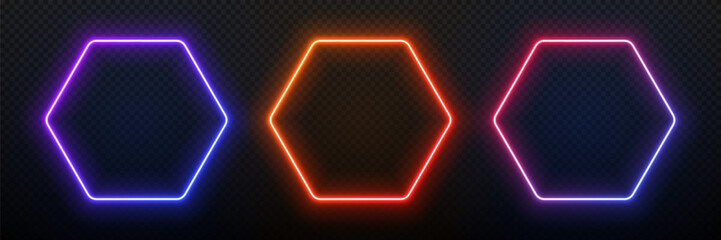 Hexagon neon light frame. 3d glow gradient geometric shape. Led laser border. Fluorescent template for design with text.