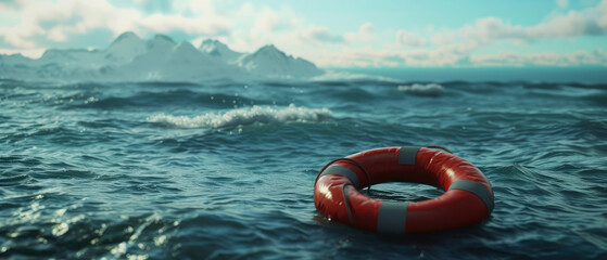 Lifebuoy floating in the sea or ocean. Saving life concept. Summer vacation, journey mockup. Seascape. Generative ai
