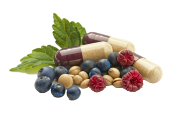 vitamin supplement with various healthy ingredients such as berries, leafy greens and legumes, on a clean white background.