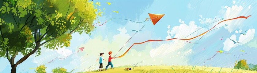 Two children are flying kites in a field, Children’s Concept.