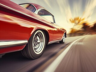A red classic car driving on an asphalt road into the sunset.