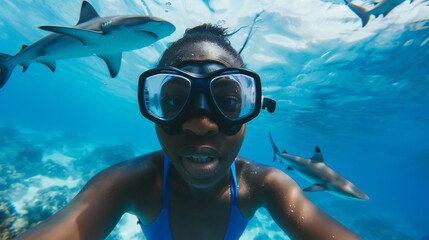 person snorkeling in the sea. Person free diving with sharks in the ocean. Black woman swimming in the ocean on vacation. Swimming with sharks.