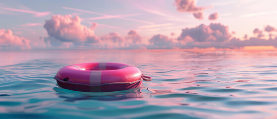 Pink lifebuoy floating in the sea or ocean. Saving life concept. Summer vacation, journey mockup. Seascape. Generative ai
