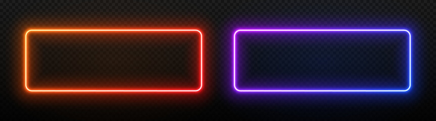 Neon light rectangle frame. Led glow of border. Laser banner with text. Electric fluorescent geometric shape on a black background. Elements for design of signs, parties and buttons.