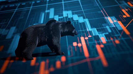 A bear casting a shadow over a financial chart trending downwards, symbolizing market pessimism and the onset of a bear market, in contrast to the hopeful light of a bull market,