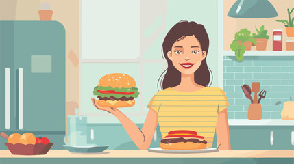Young woman with tasty vegan burger at home style