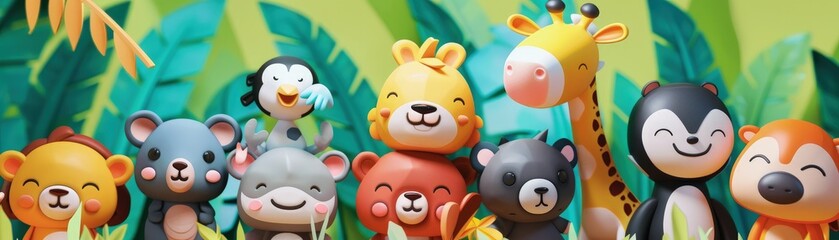 A group of stuffed animals are standing in a jungle, Children’s Concept.