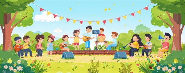 A group of children are playing music in a park, Children’s Concept.