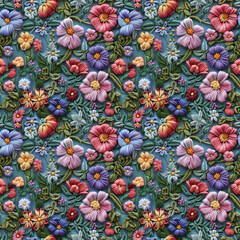Floral embroidery from knitting wool, yarn, seamless pattern.