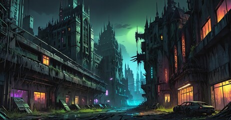 Gothic cyberpunk lo-fi dystopia city and castle. Dark goth post apocalyptic overgrowth cityscape atmosphere with palace at night with fog and haze sky.