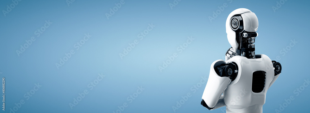 Poster mlp 3d illustration thinking ai humanoid robot analyzing information data in concept of artificial i