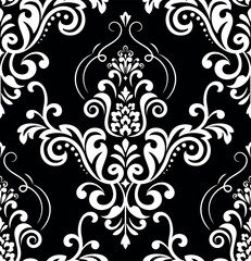 Wallpaper in the style of Baroque. Seamless vector background. White and black floral ornament. Graphic pattern for fabric, wallpaper, packaging. Ornate Damask flower ornament.