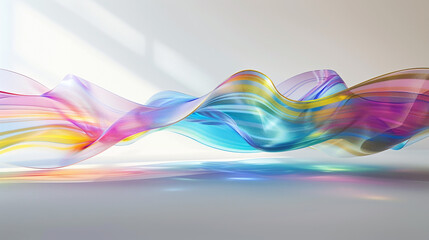  A surreal multicolor glass wavy background floating above a pure white surface, creating a sense of ethereal beauty and elegance