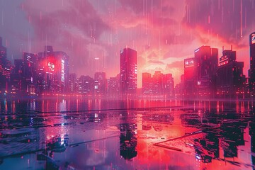 Obraz premium A digital cityscape melts and distorts, transforming into a neon-drenched pixelated dreamscape.