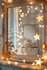 Mirror framed with fairy lights arranged in the shape of stars, reflecting a soft and enchanting glow. The lights add a celestial touch to the room. 